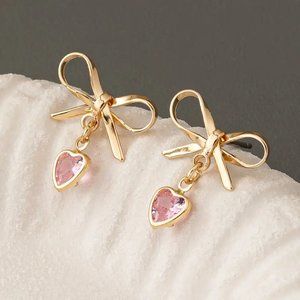 NEW Coquette Gold Bow Earrings Pink Heart Dangle Studs Cute Y2K Girly Jewelry